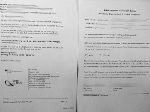 Botschaft Bundesrepublik Deutschland, Madrid, Spanien, Ausdruck e-mail Benachrichtigung und Bestätigung Erhalt PIN Brief