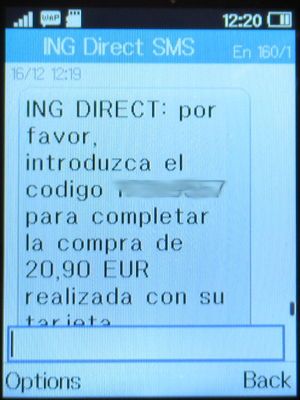 Casa del Libro, Madrid, Spanien, Sicherheitscode SMS von der ING Direct Bank auf einem Alcatel 2051X