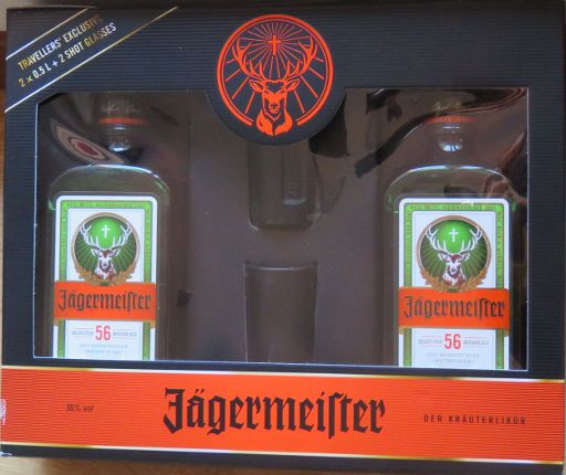 Jägermeister Geschenkset mit zwei 0,5 Liter Jägermeister und zwei Schnappsgläsern