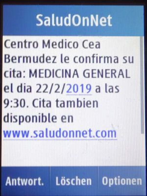 Centro Médico Cea Bermúdez, Madrid, Spanien, Terminerinnerung per SMS auf einem Samsung GT–C3300K Mobiltelefon