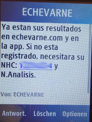 Centro Médico Cea Bermúdez, Madrid, Spanien, Zugang Ergebnisse Online per SMS auf einem Samsung GT–C3300K Mobiltelefon