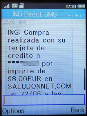 Centro Médico Maestranza Barajas, Madrid, Spanien, ING Direct SMS auf einem Alcatel 2051X Mobiltelefon