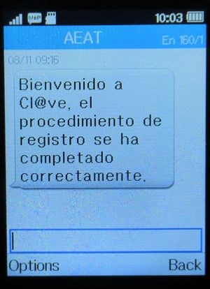 clave Identidad Electrónica para las Administraciones, Madrid, Spanien, SMS Bestätigung auf einem Alcatel 2051X