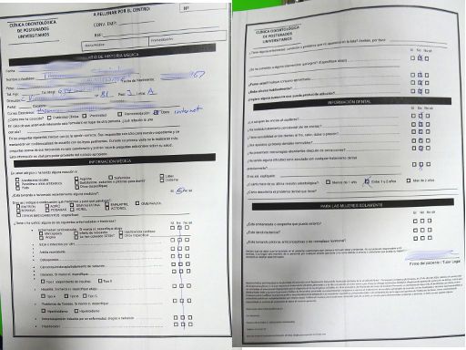 Clínica Odontológica de Postgrados Universitarios, Zahnarztpraxis, Madrid, Spanien, Formular mit persönlichen Daten