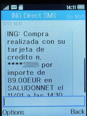 Clinica Virgen del Camino, Madrid, Spanien, ING Direct SMS auf einem Alcatel 2051X Mobiltelefon