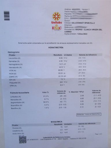 Clinica Virgen del Camino, Madrid, Spanien, Ergebnisse von Unilabs Blutwerte
