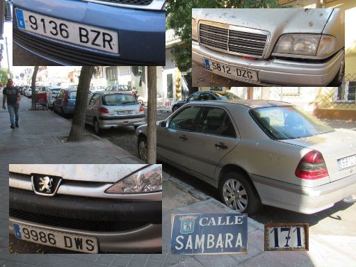 Coches fantasma, Autowracks, Madrid, Spanien, Ford, Peugeot, Mercedes in der Calle Sambara 171, 28027 Madrid im Juni 2023