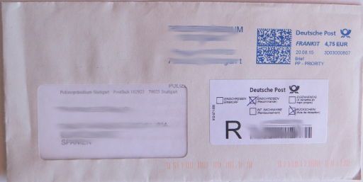 Correos, Madrid, Spanien, Brief aus Deutschland Einschreiben mit Rückschein