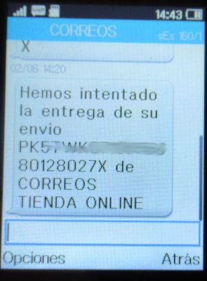 Correos, Madrid, Spanien, SMS mit Hinweis versuchte Zustellung auf einem Alcatel 2051X