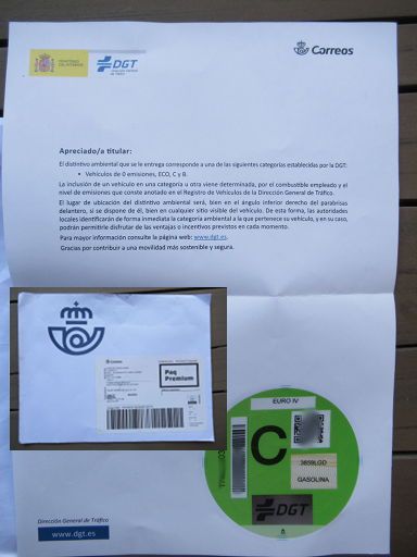 Correos, Madrid, Spanien, Lieferung DGT Plakette aber keine Briefmarken