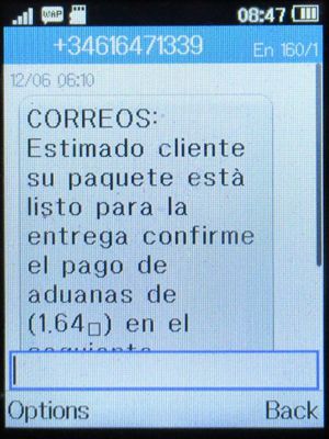 Correos, Madrid, Spanien, Zollabfertigung SPAM SMS auf einem Alcatel 2051X