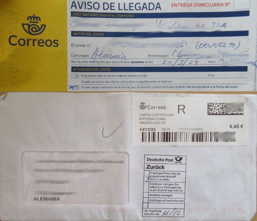 Correos, Madrid, Spanien, Brief als Einschreiben nach Deutschland / Europa 6,45 € Dezember 2023 nicht zustellbar