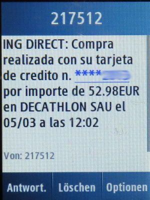 Decathlon Online und Ladengeschäfte, Madrid, Spanien, ING Direct SMS Zahlungsbestätigung auf einem Samsung GT–C3300K Mobiltelefon