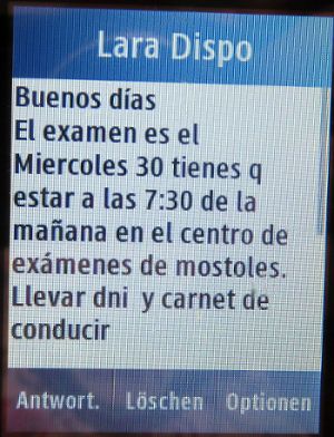 Lara Autoescuela, Fahrschule, Madrid, Spanien, Termin praktische Prüfung per SMS auf einem Samsung GT-C3300K