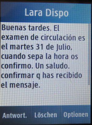 Lara Autoescuela, Fahrschule, Madrid, Spanien, Termin praktische Prüfung per SMS auf einem Samsung GT-C3300K