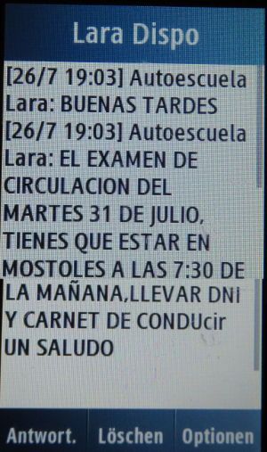 Lara Autoescuela, Fahrschule, Madrid, Spanien, Termin mit Uhrzeit praktische Prüfung per SMS auf einem Samsung GT-C3300K