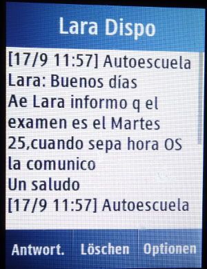 Lara Autoescuela, Fahrschule, Madrid, Spanien, zweiter Termin praktische Prüfung per SMS auf einem Samsung GT-C3300K