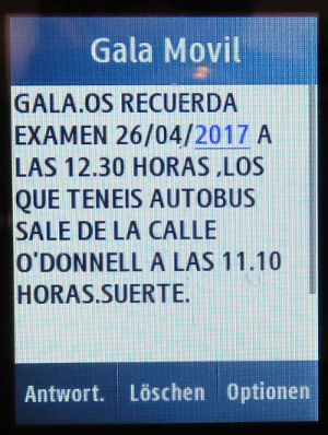 GALA Autoescuela, Fahrschule, Madrid, Spanien, Termin Theoretische Prüfung per SMS auf einem Samsung GT-C3300K