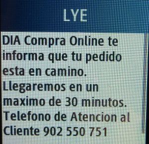 Dia Supermarkt Online, Madrid, Spanien, SMS Lieferankündigung