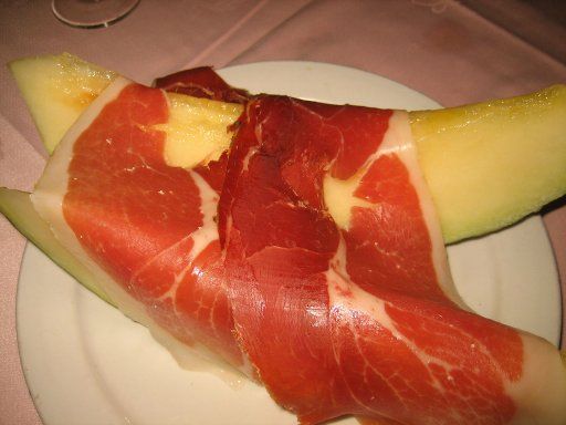Essen, Restaurants, Gastronomie, Madrid, Spanien, Menú de noche, Melone mit Schinken