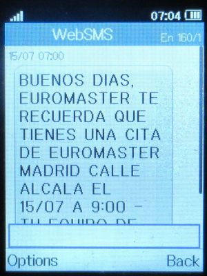 EUROMASTER, Madrid, Spanien, EUROMASTER SMS mit Erinnerung Termin auf einem Alcatel 2051X Mobiltelefon im Juli 2025