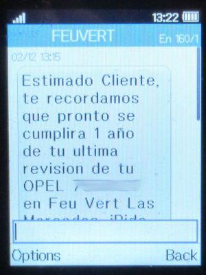 Feu Vert, Madrid, Spanien, Feu Vert SMS mit Hinweis Inspektion im Dezember 2025 auf einem Alcatel 2051X