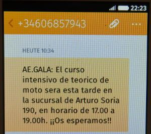 GALA Autoescuela, Fahrschule, Madrid, Spanien, Termin per SMS auf einem Alcatel ONE TOUCH FREE Smartphone mit Firefox Betriebssystem