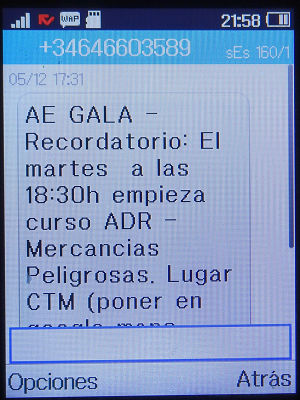 GALA Autoescuela, ADR Básico, Madrid, Spanien, SMS mit dem Hinweis zum Kurs auf einem Alcatel 2051X