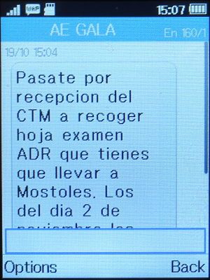 GALA Autoescuela, ADR Cisternas, Madrid, Spanien, SMS mit dem Hinweis Prüfungstermin auf einem Alcatel 2051X