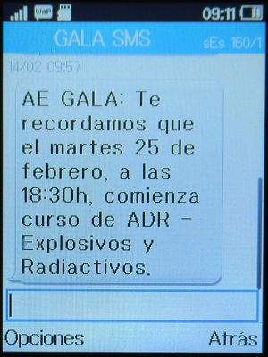 GALA Autoescuela, ADR Explosivos y Radiactivos, Madrid, Spanien, SMS mit dem Hinweis zum Kurs auf einem Alcatel 2051X