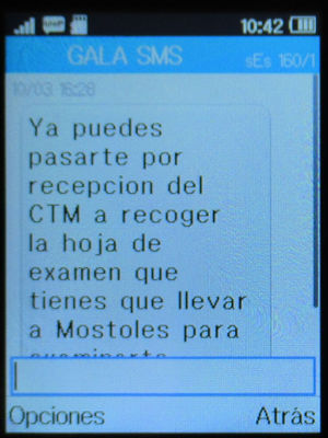 GALA Autoescuela, ADR Explosivos y Radiactivos, Madrid, Spanien, SMS mit dem Hinweis Prüfungstermin auf einem Alcatel 2051X