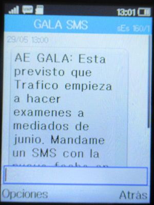 GALA Autoescuela, ADR Explosivos y Radiactivos, Madrid, Spanien, SMS mit dem Hinweis Prüfung ab Mitte Juni auf Alcatel 2051X