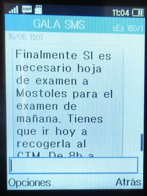 GALA Autoescuela, ADR Explosivos y Radiactivos, Madrid, Spanien, SMS Abholung hoja de examen auf Alcatel 2051X