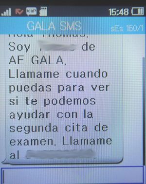 GALA Autoescuela, ADR Explosivos y Radiactivos, Madrid, Spanien, SMS von GALA Hilfe zum zweiten Prüfungstermin auf einem Alcatel 2051X