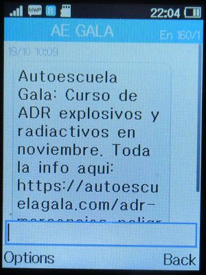 GALA Autoescuela, ADR Explosivos y Radiactivos, Madrid, Spanien, SMS mit dem Hinweis zum Kurs November 2022 auf einem Alcatel 2051X