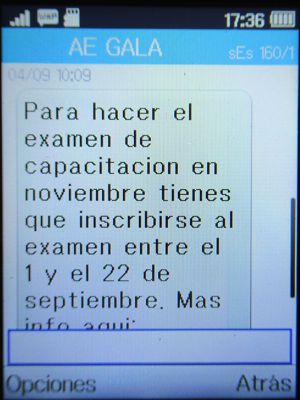 GALA Autoescuela, CAP Renovación, Madrid, Spanien, SMS mit dem Hinweis zur Prüfung 2020 auf einem Alcatel 2051X