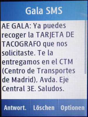 GALA Autoescuela, Tarjeta del Conductor, Fahrerkarte, Madrid, Spanien, SMS mit dem Hinweis die Karte abzuholen auf einem Samsung GT-C3300K