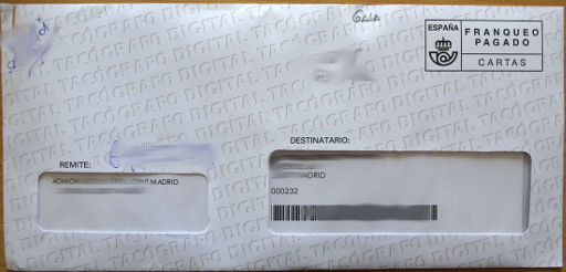 GALA Autoescuela, Tarjeta del Conductor, Fahrerkarte, Madrid, Spanien, Briefumschlag von der Dirección General de Transportes in der Calle Orense 60, 28020 Madrid