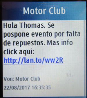 HCC Sport Cars, Madrid, Spanien, Absage der Veranstaltung im August 2017 per SMS auf einem Samsung GT-C3300K