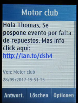 HCC Sport Cars, Madrid, Spanien, Absage der Veranstaltung im August 2017 per SMS auf einem Samsung GT-C3300K