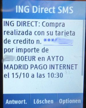 Grundsteuer, IBI, Madrid, Spanien, ING Direct SMS Zahlungsbestätigung auf einem Samsung GT–C3300K Mobiltelefon