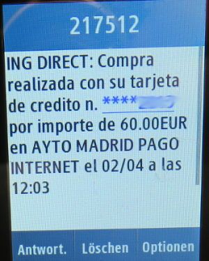 Kfz-Steuer, Madrid, Spanien, ING Direct SMS Zahlungsbestätigung auf einem Samsung GT–C3300K Mobiltelefon