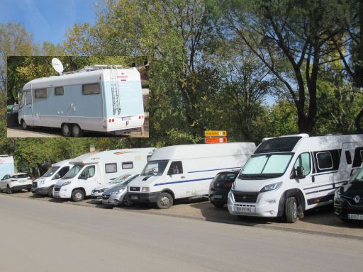 Lago de la Casa de Campo, Madrid, Spanien, Parkplatz Wohnmobile und Camper Vans