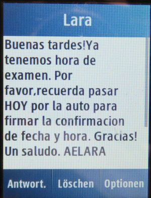 Lara Autoescuela, Fahrschule, Madrid, Spanien, Info über die Uhrzeit Prüfung auf einem Samsung GT–C3300K Mobiltelefon