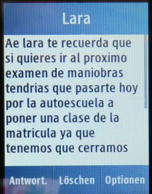 Lara Autoescuela, Fahrschule, Madrid, Spanien, Einladung Anmeldung praktische Prüfung auf einem Samsung GT–C3300K Mobiltelefon