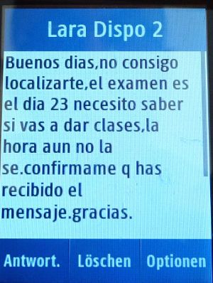 Lara Autoescuela, Fahrschule, Madrid, Spanien, SMS Termin Prüfung 23. Oktober 2018 auf einem Samsung GT–C3300K Mobiltelefon