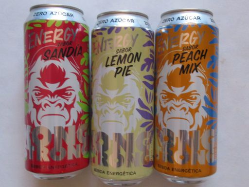 Lidl España, Madrid, Spanien, Energiegetränk Kong Strong Sandía, Lemon Pie und Peach Mix 0,5 Liter Dose