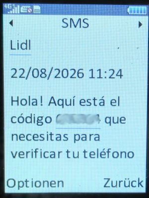 Lidl Espa&ntilde;a, Madrid, Spanien, SMS Rufnummerbest&auml;tigung auf einem danew KONNECT 43 im August 2026