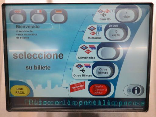 Tarjeta de Transporte Público MULTI, Metro, Madrid, Spanien, Startbildschirm mit Auswahl der Sprache und der Fahrkarten