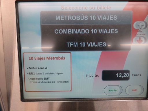 Tarjeta de Transporte Público MULTI, Metro, Madrid, Spanien, Bestätigung der Auswahl